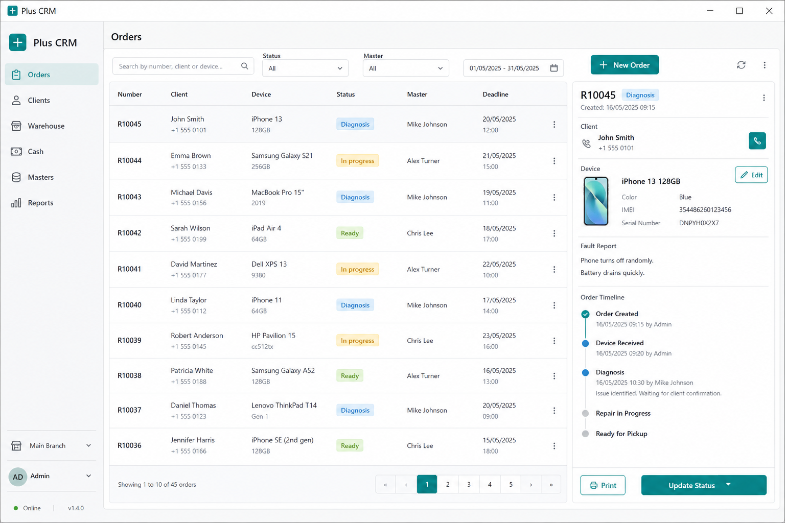 Интерфейс Plus CRM — заказы сервисного центра